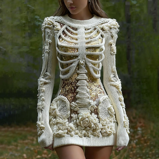 Women's Vintage Halloween Skeleton Bones With Glitter And Rose Art Cozy Knit Mini Sweater Dress artswardrobe