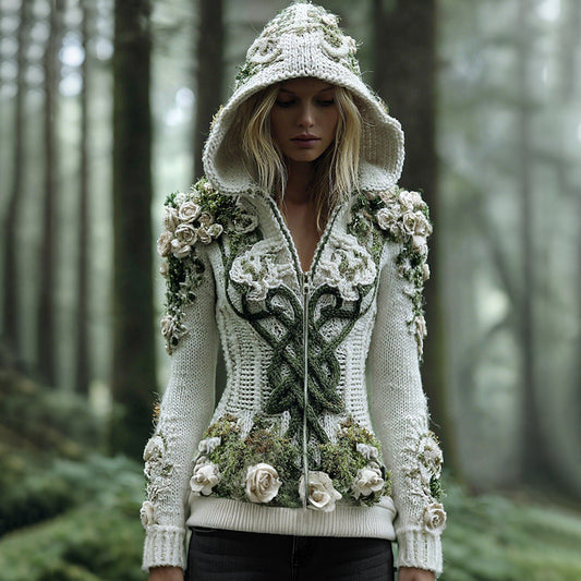 Vintage Viking Celtic Knot Forest Elf Hooded Cozy Cardigan artswardrobe