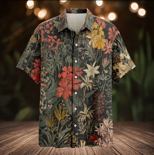 Bohemian Style Plant And Flower Pattern Men's Retro Cotton And Linen Shirt artswardrobe