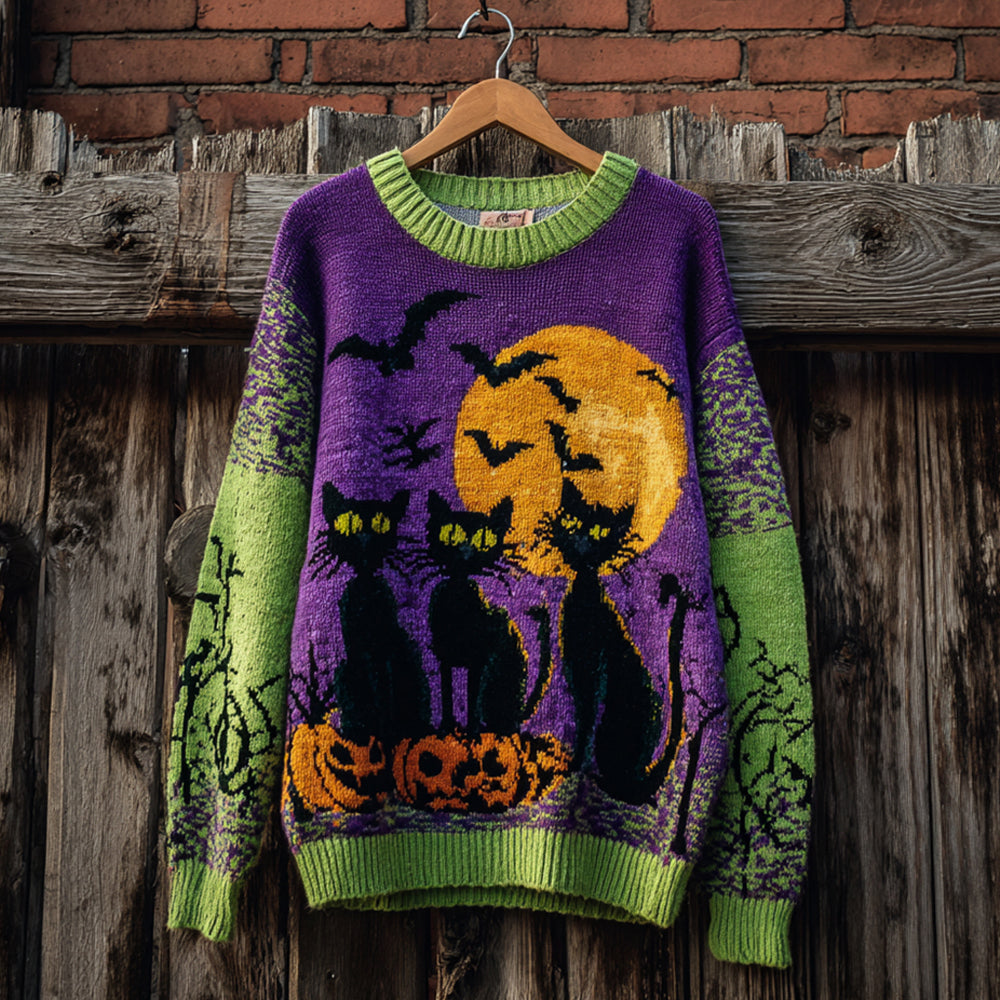 Halloween Black Cat Color Clash Women's Knitted Sweater artswardrobe