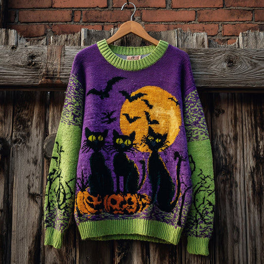 Halloween Black Cat Color Clash Women's Knitted Sweater artswardrobe