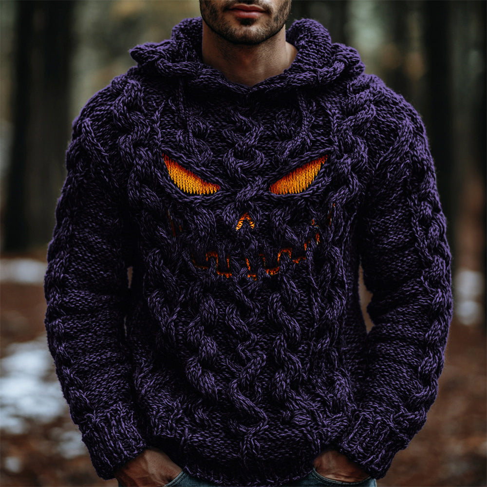 Halloween Evil Pumpkin Emoji Men's Chunky Knit Hooded Sweater artswardrobe