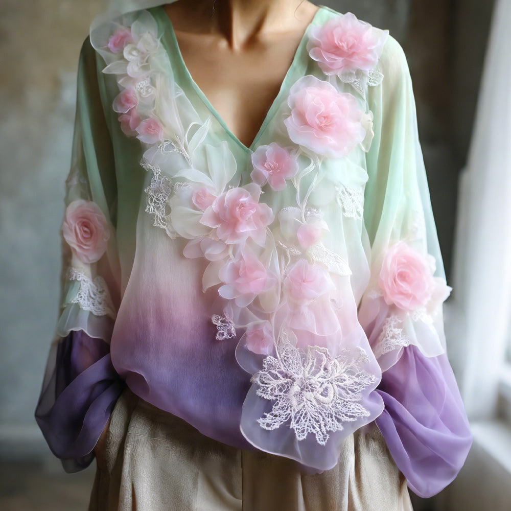 Women's Pink Rose Embroidery Art V Neck Long Sleeve Linen Blend T-shirt elevenforest