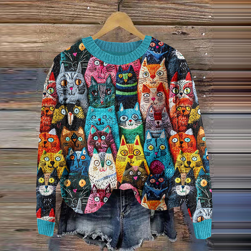 Cute Cat Embroidery Pattern Cozy Knit Sweater elevenforest