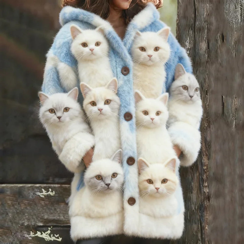 Cardigan in lana con stampa di tanti gatti