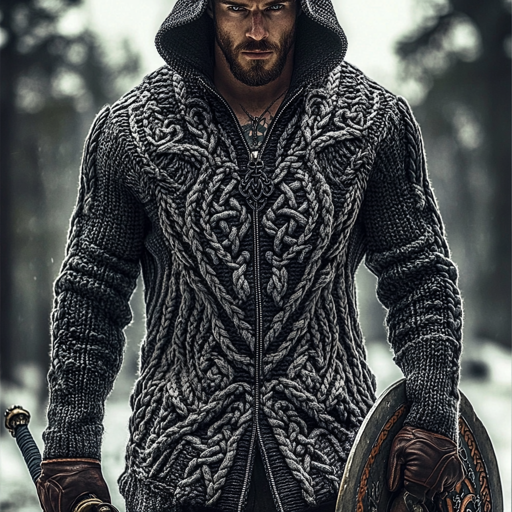 Men's Viking Rune Jacquard Celtic Knit Zip-up Hooded Sweater artswardrobe