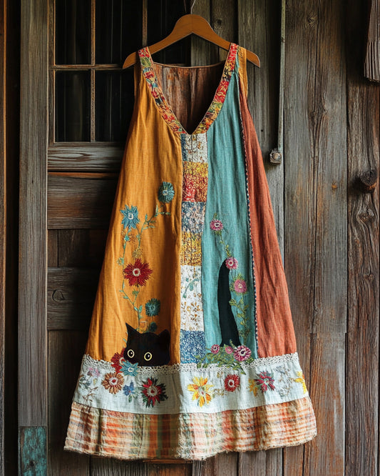 Vintage Black Cat And Patchwork Linen Tank Dress