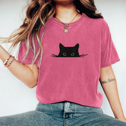 Abstract Creative Embroidered Black Cat Art Print  T-shirt elevenforest