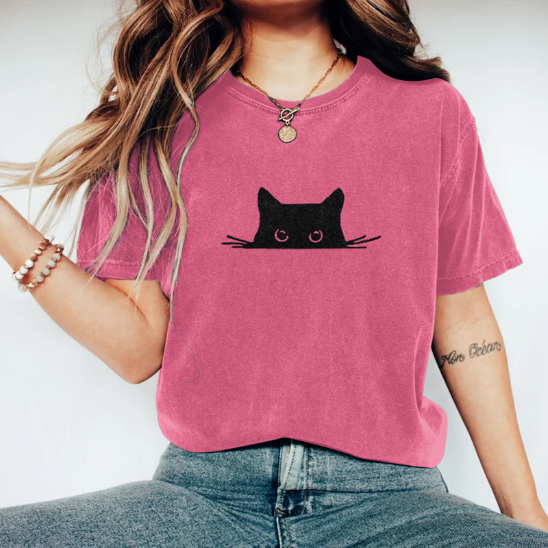 Comstylish Abstract Creative Embroidered Black Cat Art Print T-shirt