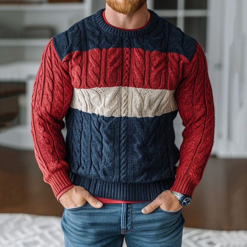 Vintage Classic Color Matching Thick Needle Cable Crew Neck Sweater elevenforest