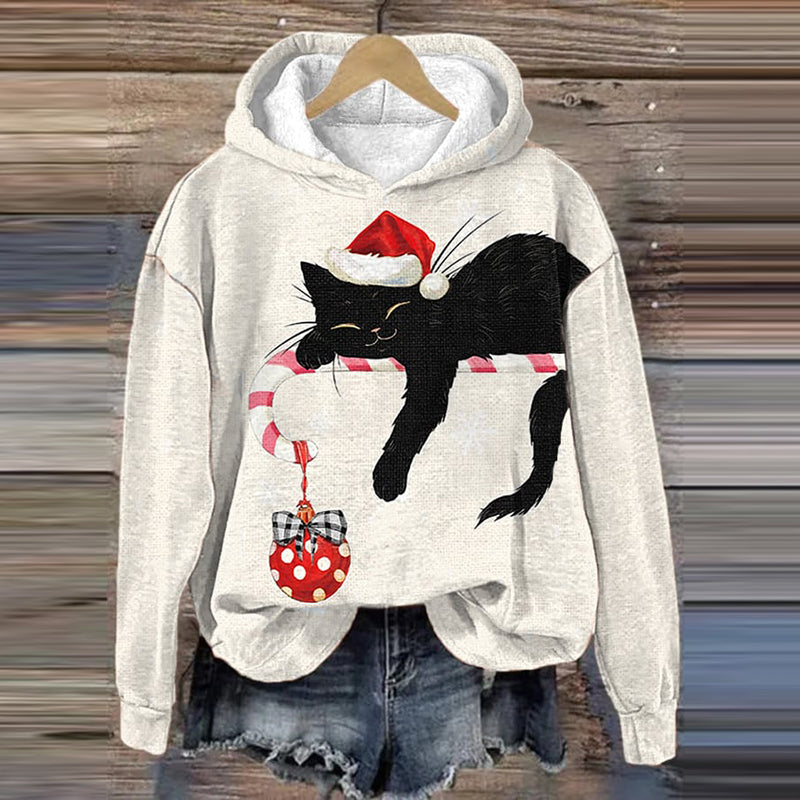 Comstylish Women's Black Cat Christmas Print Casual Hoodie