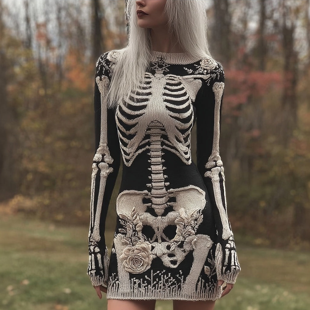 Vintage Skeleton White Roses Cozy Knit Sweater Mini Dress artswardrobe