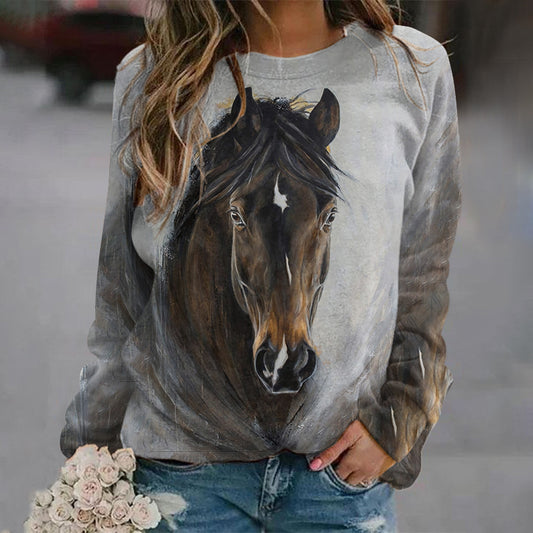 Comstylish Western Horse Print Crew Neck Long Sleeve Casual Sweatshirt
