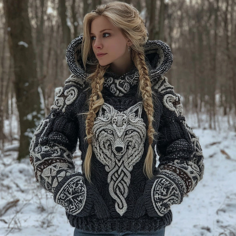 Cardigan con cappuccio in misto cotone con motivo di lupo celtico
