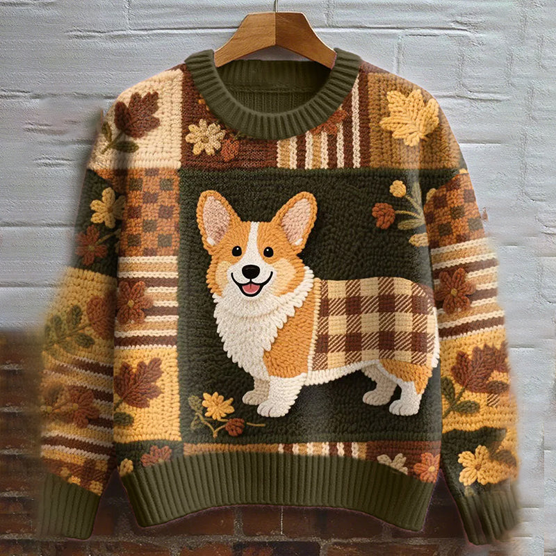 Comstylish Vintage Corgi Dog With Felt Inspired Embroidered Cozy Knit Sweater