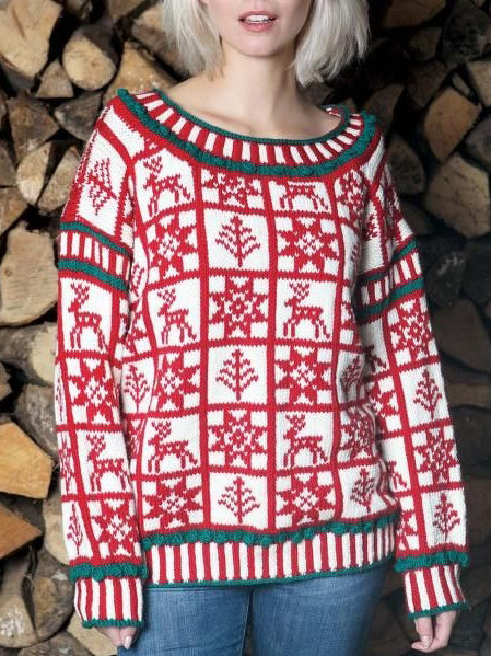 Women's Nordic Snowflake Elk Plaid Thick Crew Neck Sweater artswardrobe