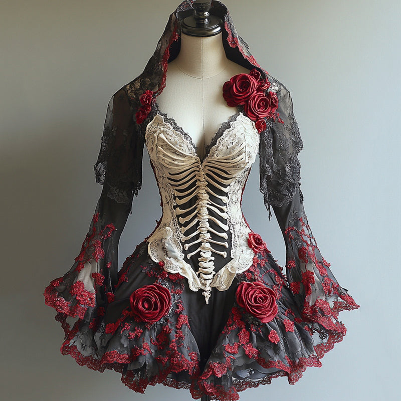 Comstylish Halloween Themed Contrasting Body Art Embroidered Witch Dress