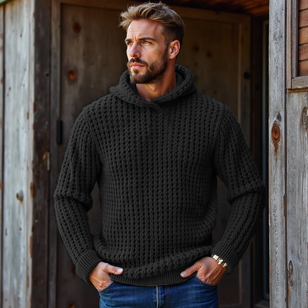 Men's Vintage Plaid Woven Solid Color Hooded Sweater artswardrobe