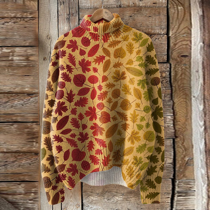 Autumn Leaf Print Turtleneck Knitted Pullover Sweater artswardrobe