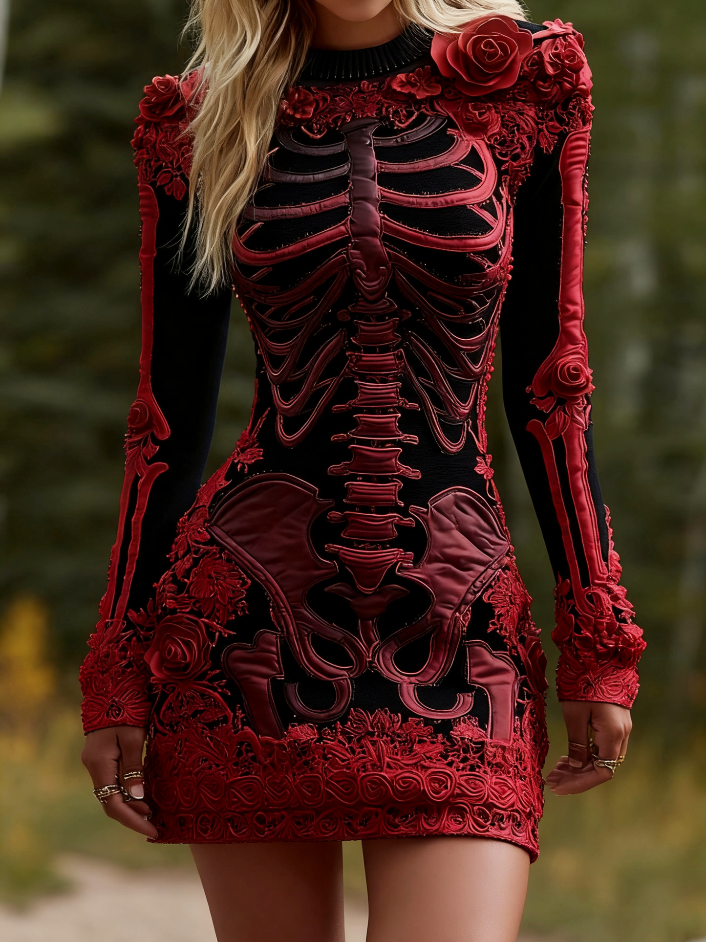 Women's Halloween Skeleton Bones Leather With Rose Pattern Art Hot Sexy Style Cozy Knit Mini Sweater Dress artswardrobe