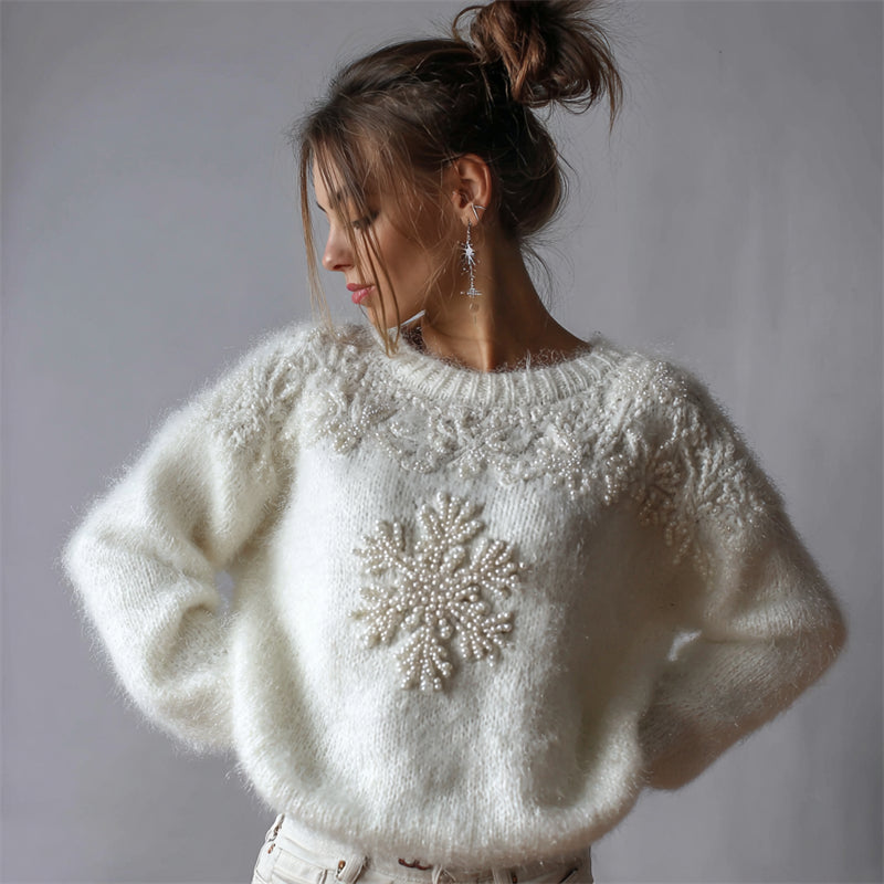 Classy Snowflakes Pearls Beaded Cozy Fuzzy Knit Sweater artswardrobe