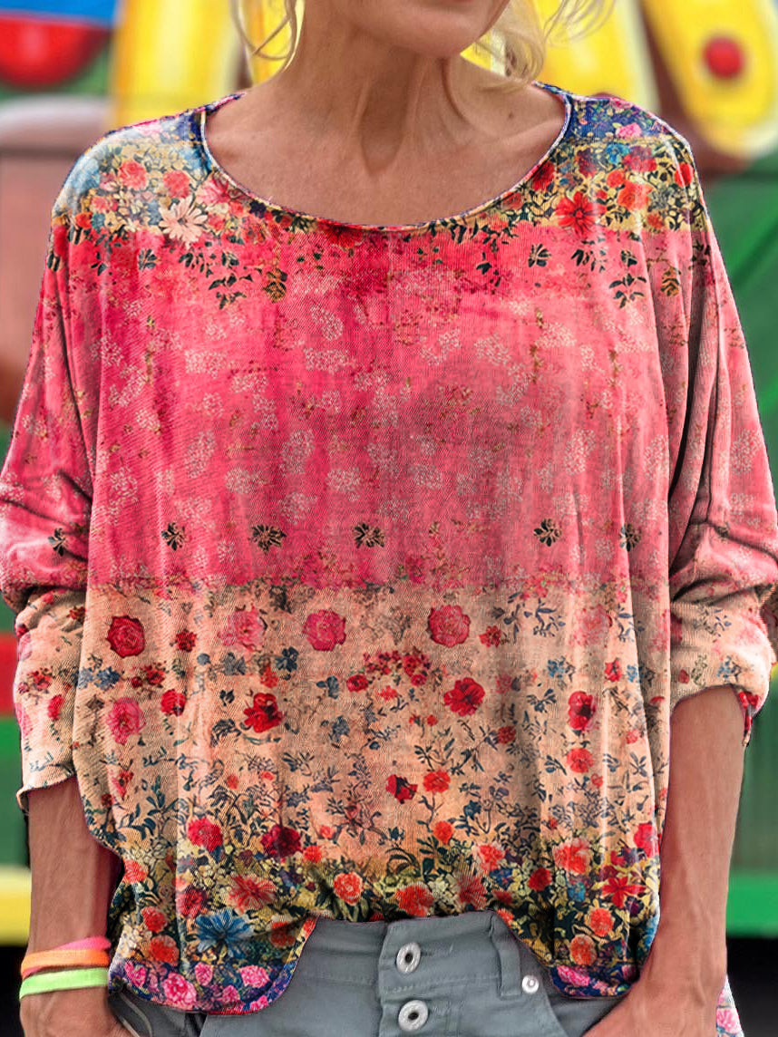 Floral Art Print Casual Long Sleeve T-Shirt