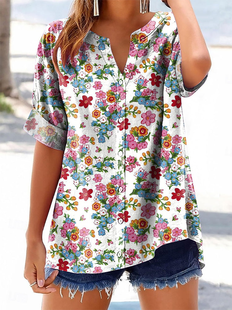 Women's Vintage Floral Art Print Casual Cotton And Linen Shirt