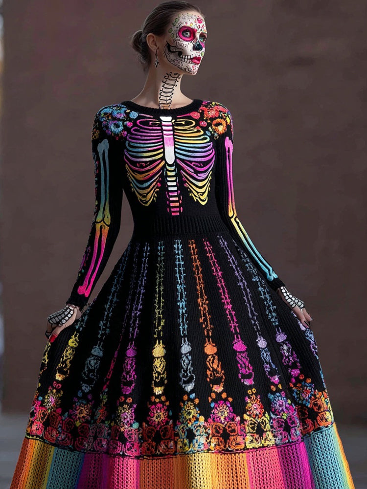 Day Of The Dead Neon Glowing Skeleton Maxi Sweater Dress artswardrobe