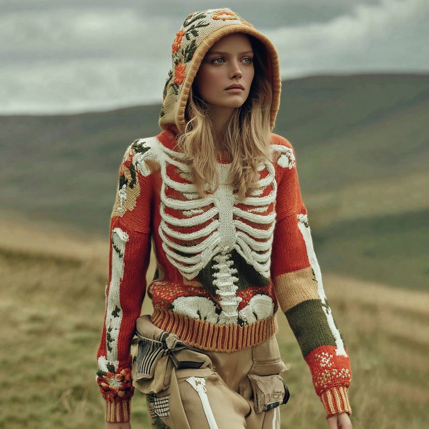 Women's Halloween Skull Ribs Flower Pattern Cozy Hooded Sweater artswardrobe