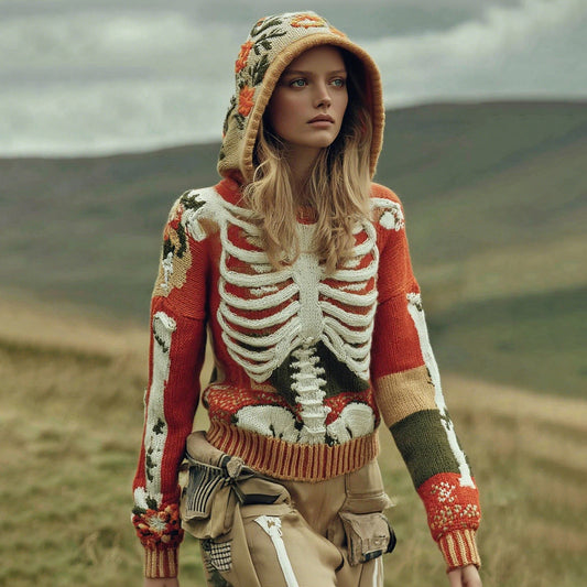 Women's Halloween Skull Ribs Flower Pattern Cozy Hooded Sweater artswardrobe