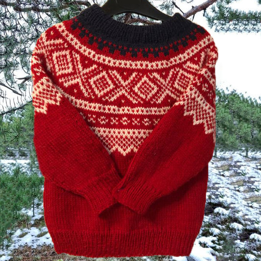 Unisex Vintage Icelandic Red Knit Jacquard Warmth Crew Neck Sweater elevenforest