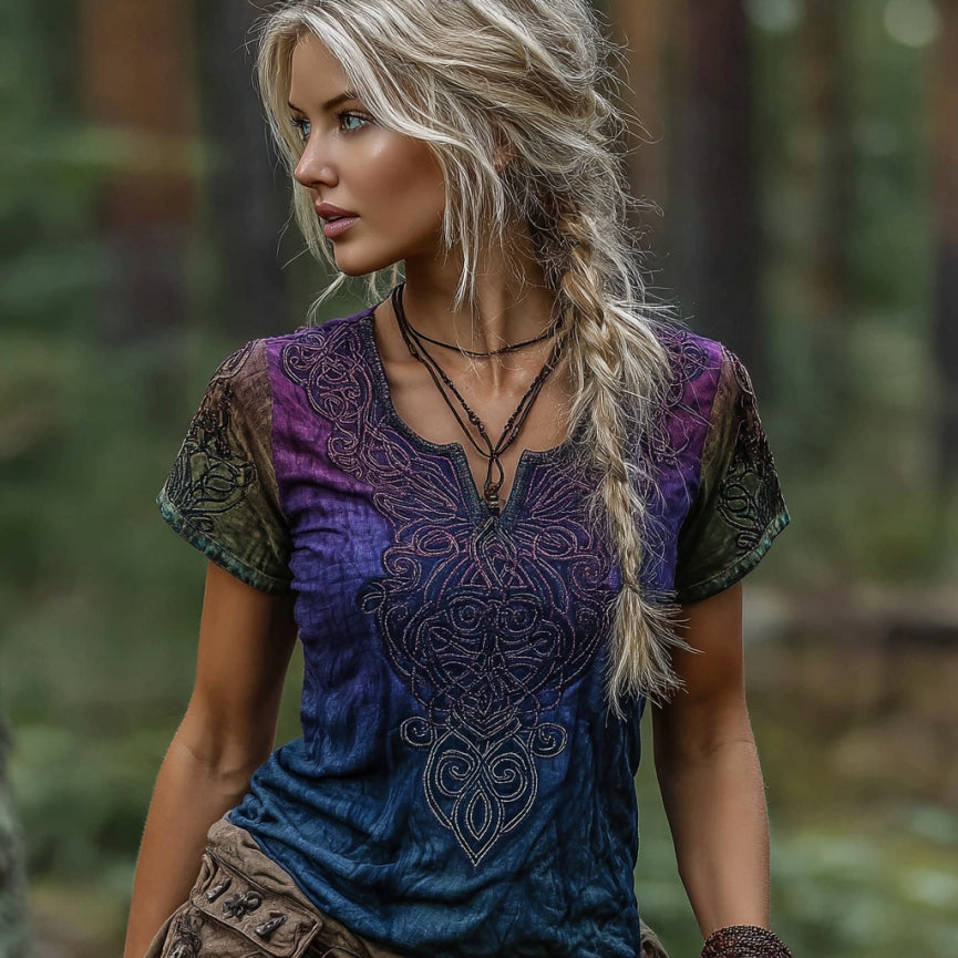 Comstylish Women's Vintage Viking Celtic Knot Embroidery Gradient Art Shirt