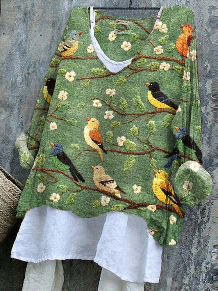 Women's Flower And Bird Embroidery Art Linen Blend Shirt artswardrobe