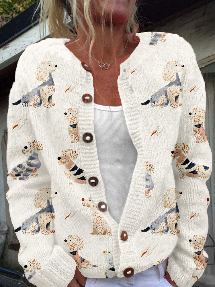 Comstylish Lovely Dogs Pattern Crew Neck Cozy Knit Cardigan