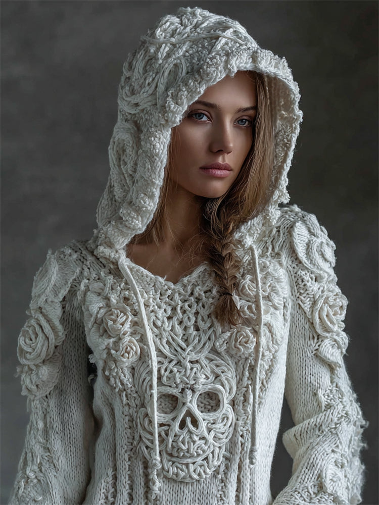 Vintage White Roses Viking Celtic Skull Hooded Cozy Knit Sweater elevenforest