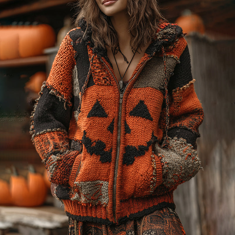Patchwork Halloween Pumpkin Face Art  Cozy Knit Hooded Cardigan artswardrobe