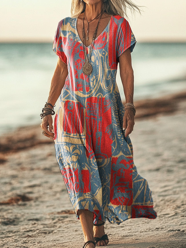 Women's Bohemian Ethnic Collage Art Pattern Print Pocket Cotton Dress