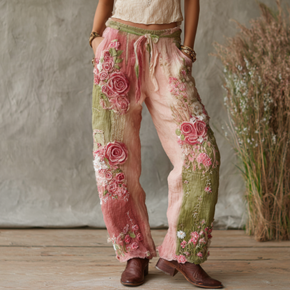 Love & Health Collection Retro Western Women Style Vintage Rose And Floral Patchwork Art Linen Pants artswardrobe