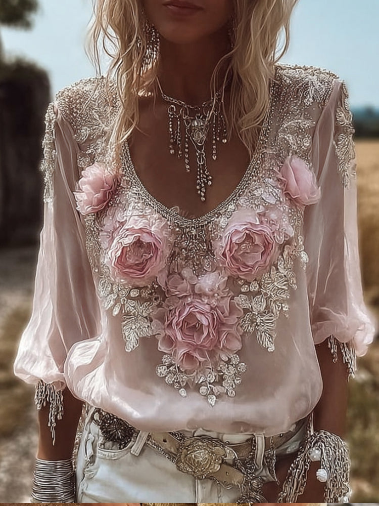 Women's Three-dimensional Floral Vintage Casual Long-sleeved Top artswardrobe