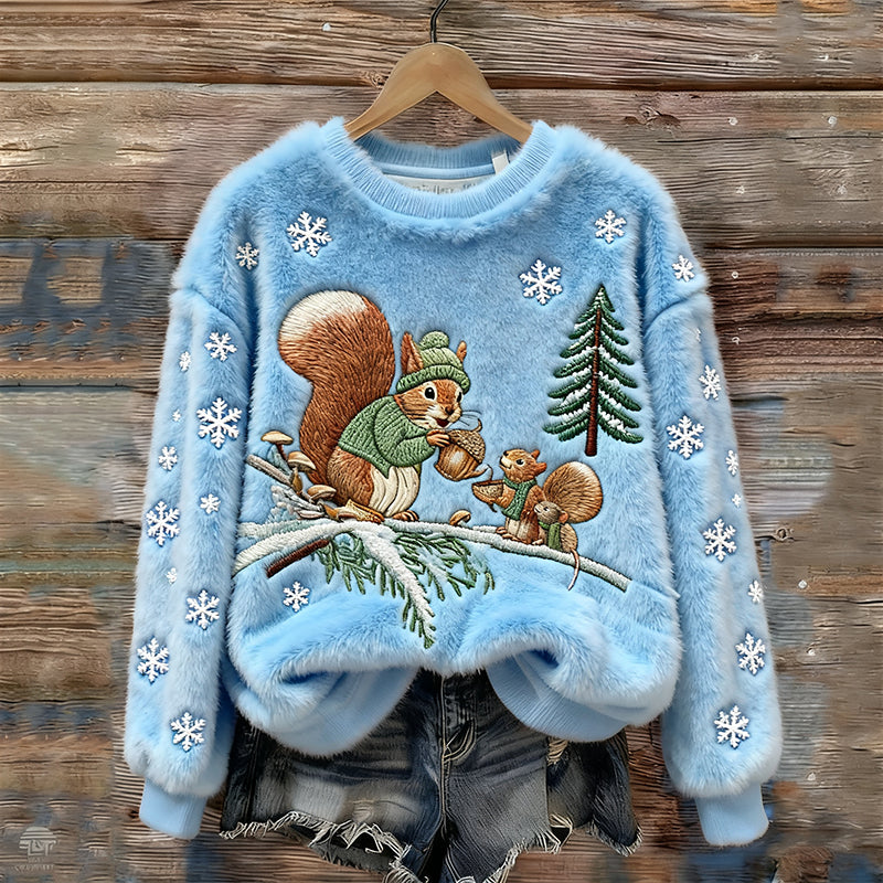 Women's Squirrel Embroidery Round Neck Cozy Plush Sweatshirt artswardrobe