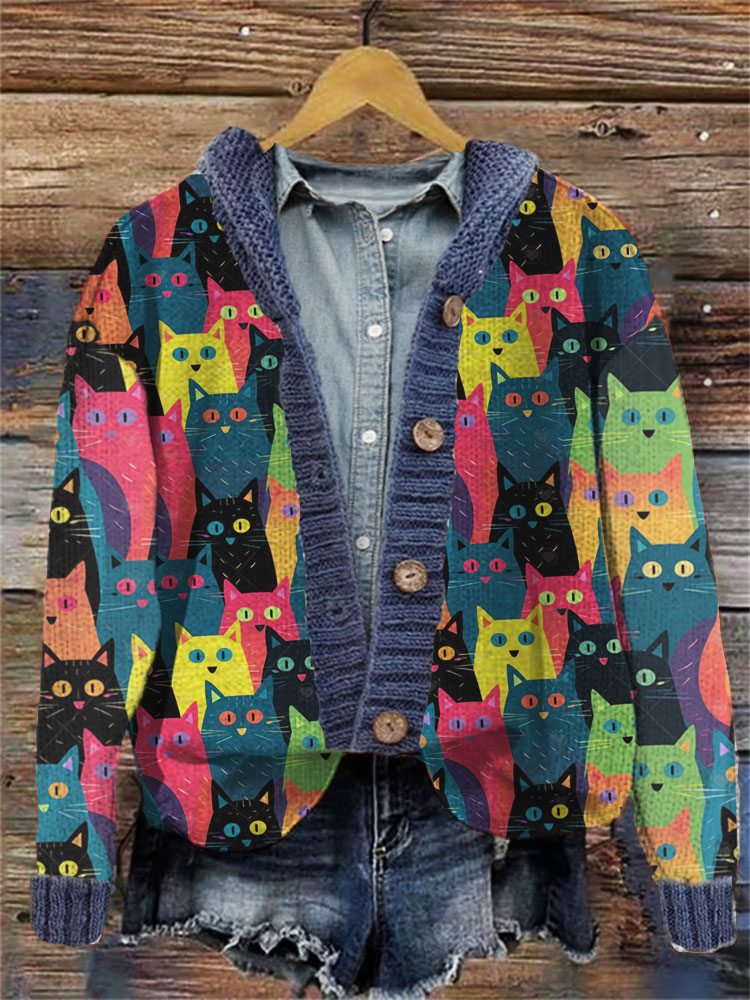 Colorful Cat Pattern Women's Cardigan artswardrobe