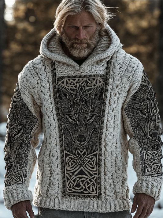 Men's Hooded Thick Sweater With Viking Style Tribal Totem And Wolf Totem Patterns elevenforest