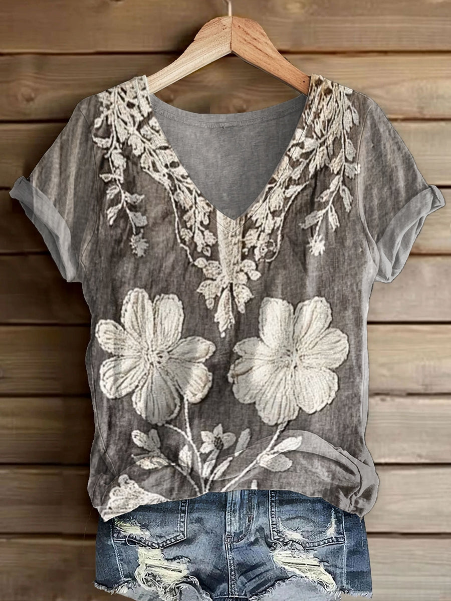 Women's Vintage Floral Art Print V-Neck Short Sleeve Cotton T-Shirt