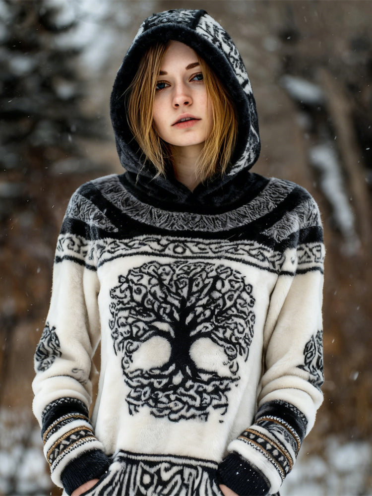 Comstylish Viking Celtic Tree Pattern Design Women's Flannel Hoodie