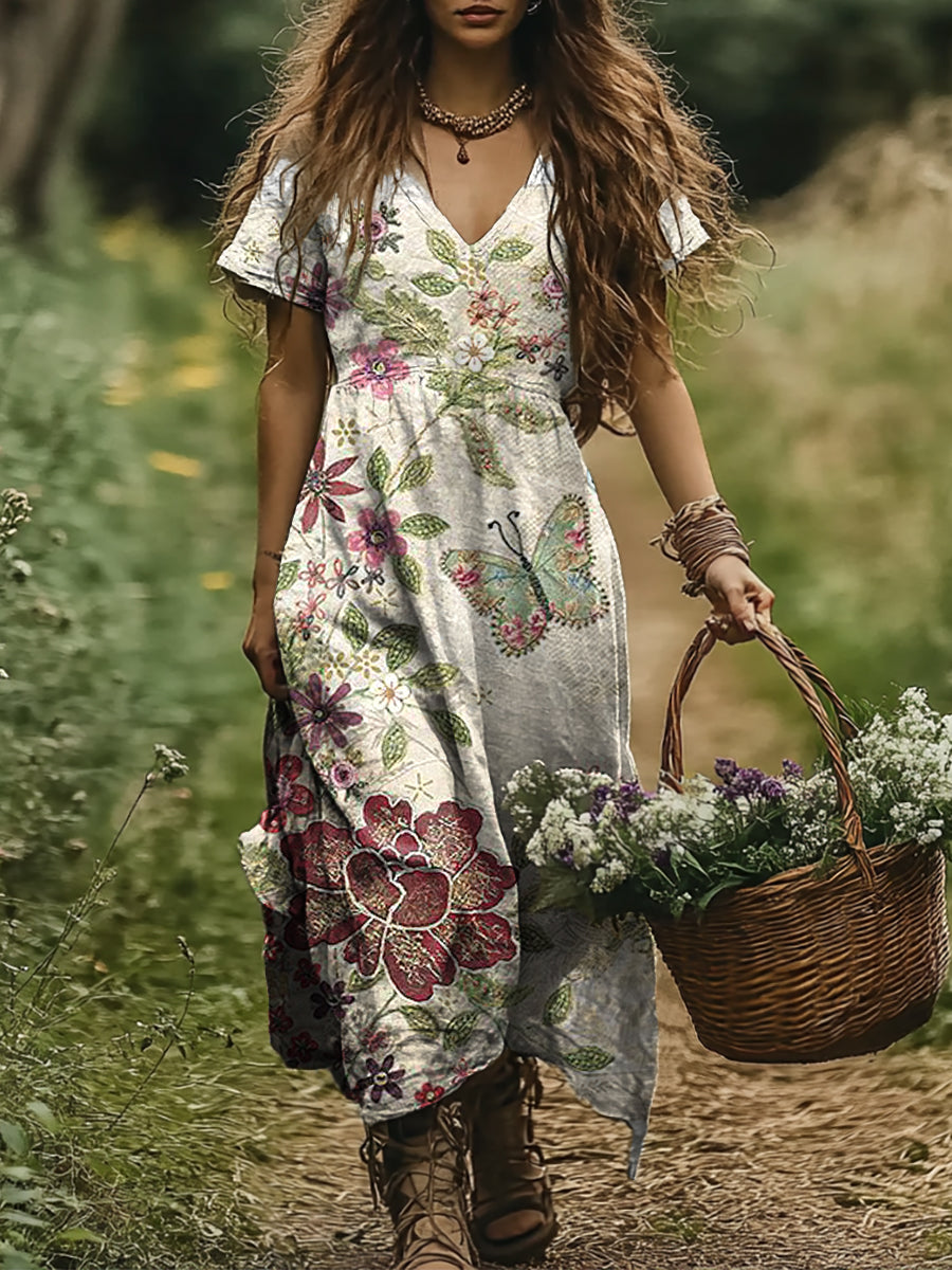 Women's Art Floral Butterfly Vintage Print V-Neck Dress