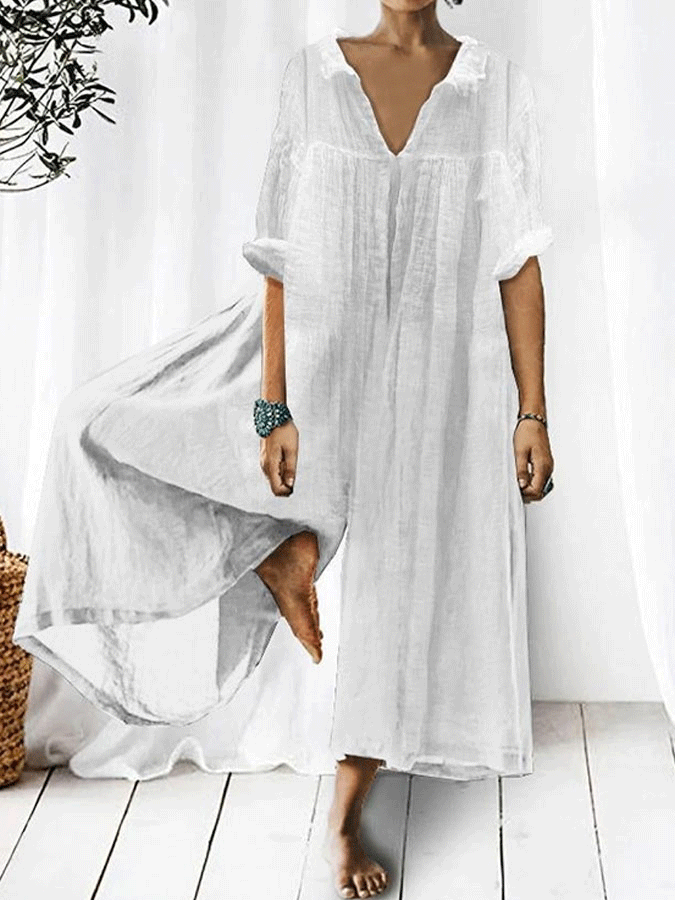 Women'S Casual Solid Color V-Neck Jumpsuit