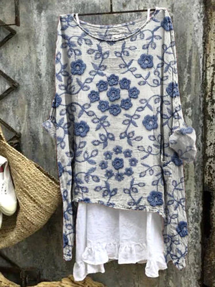 Comstylish Floral Embroidery Art Linen Blend Casual Shirt