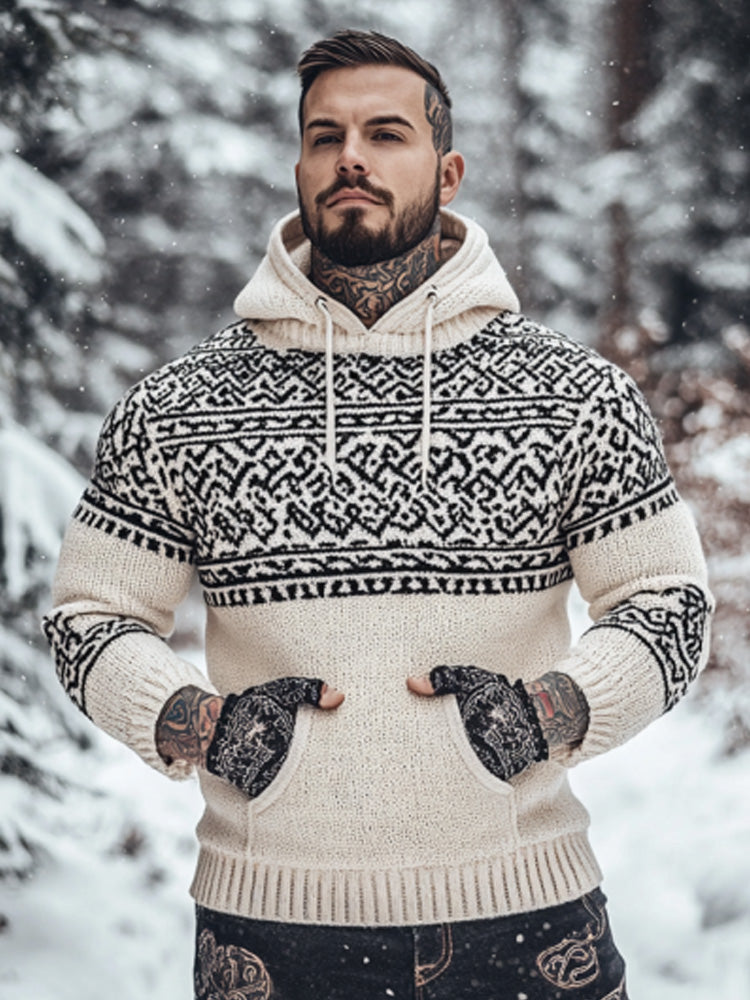 Men's Retro Viking Tribal Celtic Contrast Patchwork Chunky Hooded Sweater artswardrobe