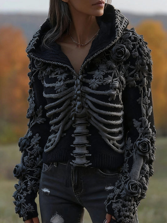 Women's  Halloween Skeleton Bones With Floral Art Knitted Warm Hooded Sweater artswardrobe