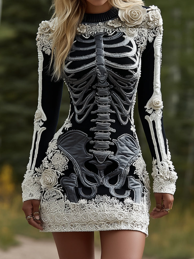 Women's Halloween Skeleton Bones Leather With Rose Pattern Art Hot Sexy Style Cozy Knit Mini Sweater Dress artswardrobe
